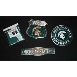 Michigan State University Spartans Lot of 4 Metal & Plastic Signs & Flag NEW